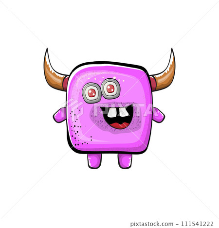 Vector cartoon funny pink monster with horn isolated on white background. Smiling silly pink monster print sticker design template. Ghost, troll, gremlin, goblin, devil and monster 111541222
