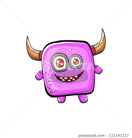 Vector cartoon funny pink monster with horn isolated on white background. Smiling silly pink monster print sticker design template. Ghost, troll, gremlin, goblin, devil and monster 111541227