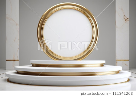 3d render of white podium with gold frame and marble background. 3d render of white podium with gold frame and marble background. 111541268
