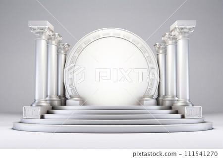 White round podium with columns. 3d render on gray background. White round podium with columns. 3d render on gray background. 111541270