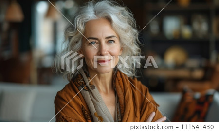 AI-generated content. At home, an elderly senior woman poses cheerfully and dynamically 111541430