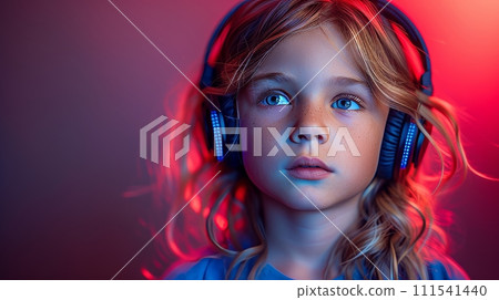 AI-generated content. Studio shot of a young boy listening to music under neon lights. A portrait of the child with headphones against a red and purple background. 111541440