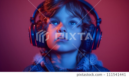AI-generated content. Stupid boy listening to music in neon lights - studio shot. Child holding headphones isolated over red and purple. 111541441