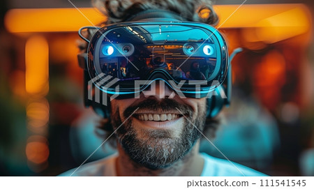 AI-generated content. An example of 3D technology, virtual reality, entertainment, cyberspace, and people concept - a happy young man wearing a virtual reality headset or 3D glasses 111541545