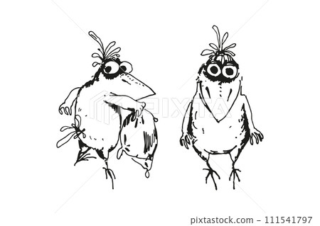 set of hand drawn vector illustration of cartoon funny crow, monochrome sketch of cute bird crow, inked silhouette of posing flying animal isolated on white background 111541797