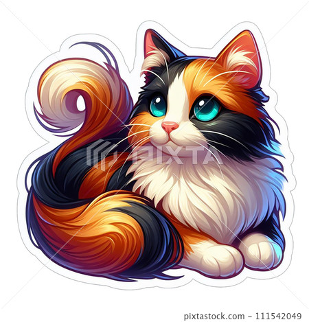 tricolor cat sticker. cartoon cat with long hair 111542049