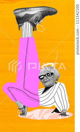 Stylish extraordinary senior woman in glasses, stretching leg on vivid yellow background. Modern vibe. Contemporary art collage. Stylish extraordinary senior woman in glasses, stretching leg on vivid yellow background. Modern vibe. Contemporary art collage. 111542100