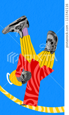 Elderly man in stylish colorful clothes and piercing dancing breakdance on blue background. Contemporary art collage. 111542116