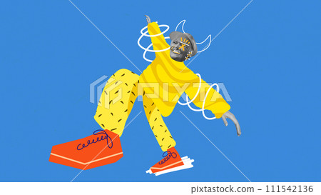 Cheerful, positive senior woman in colorful yellow clothes ad sneakers dancing on blue background. Contemporary art collage. Cheerful, positive senior woman in colorful yellow clothes ad sneakers dancing on blue background. Contemporary art collage. 111542136