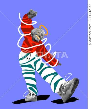 Elderly woman in striped pants and red hoodie dancing on purple background. Contemporary art collage. Essence of joyful living. 111542145