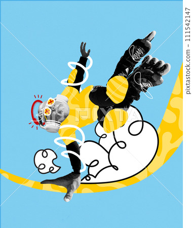 Active senior man in headphones skating on rollers on blue background with doodles. Contemporary art collage. Active senior man in headphones skating on rollers on blue background with doodles. Contemporary art collage. 111542147