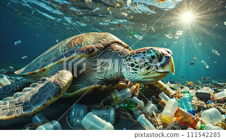 Sea turtle in the ocean swims on plastic in its natural habitat polluted by garbage 111542285