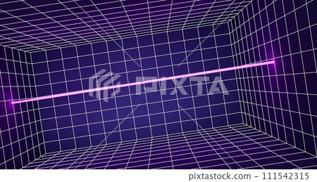 Wireframe room 3d perspective with glowing laser line on grid background. Abstract blue pink neon rectangle box interior with led light lamp. Retro futuristic 80s sci fi matrix design. 3D illustration 111542315