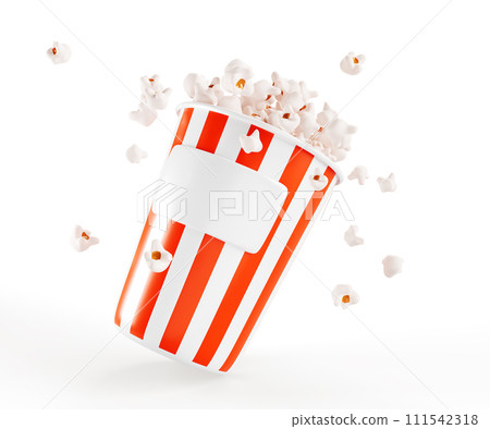 3d popcorn bucket icon with empty label. Realistic render of red and white striped cardboard box full pop corn isolated on background. Salty or sweet cinema snack mockup. Movie food. 3D illustration 3d popcorn bucket icon with empty label. Realistic render of red and white striped cardboard box full pop corn isolated on background. Salty or sweet cinema snack mockup. Movie food. 3D illustration 111542318