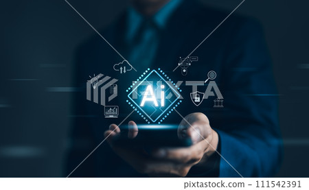 Businessman showing chip CPU working of AI and artificial intelligence automation. Computer connection with information intelligent technology. Prompt generates AI for business, Chatbot, Chat AI, 111542391
