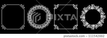 Set of decorative frames Elegant vector element for design in Eastern style, place for text. Floral black and white borders. Lace illustration for invitations and greeting cards. Set of decorative frames Elegant vector element for design in Eastern style, place for text. Floral black and white borders. Lace illustration for invitations and greeting cards. 111542882