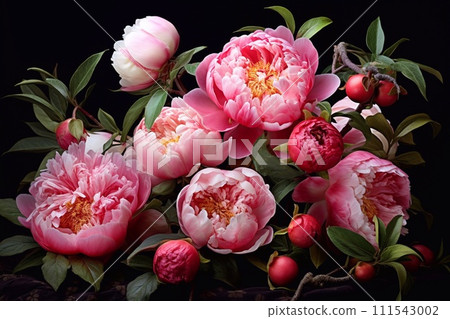 Beautiful peony flowers on black background, close-up. Beautiful peony flowers on black background, close-up. 111543002