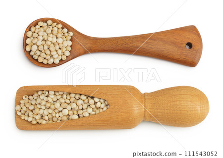 Sorghum seeds in wooden scoop and spoon isolated on white background. Top view. Flat lay. 111543052