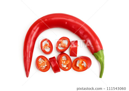 red hot chili pepper with slices isolated on white background. Top view. Flat lay. red hot chili pepper with slices isolated on white background. Top view. Flat lay. 111543060