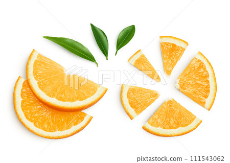 Orange fruit slices isolated on white background. Top view. Flat lay. 111543062