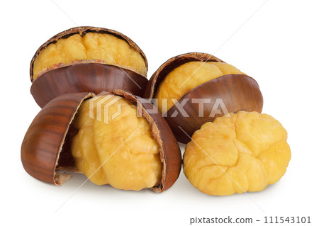 roasted peeled chestnut isolated on white background wit full depth of field. roasted peeled chestnut isolated on white background wit full depth of field. 111543101