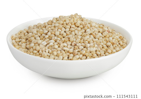 Sorghum seeds in ceramic bowl isolated on white background with full depth of field. Sorghum seeds in ceramic bowl isolated on white background with full depth of field. 111543111