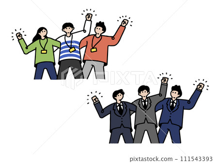 Illustration of a man and a woman working in a team of businessmen who join hands 111543393