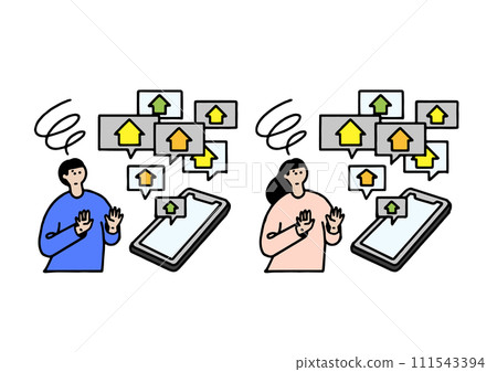 Illustration of a man and a woman who are having trouble with lots of real estate/property information 111543394