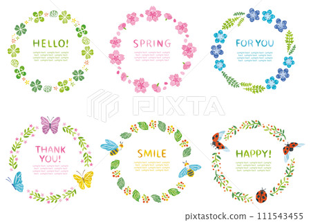 Round frame set of spring plants flowers and insects 111543455