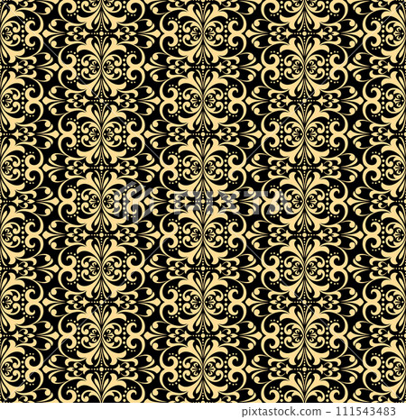 Floral pattern. Vintage wallpaper in the Baroque style. Seamless vector background. Gold and black ornament for fabric, wallpaper, packaging. Ornate Damask flower ornament 111543483