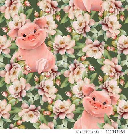 Seamless pattern with cute pig and flowers. Floral design for background, wrapping paper, cards, textile 111543484