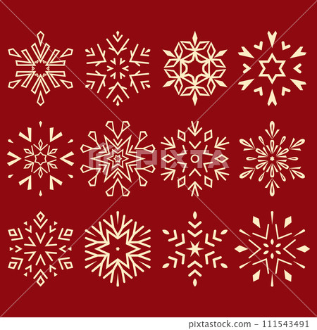 Snowflakes icon collection. Graphic modern gold and red ornament 111543491