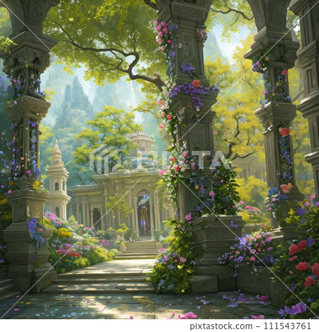 Flowers, trees, and rococo buildings 111543761