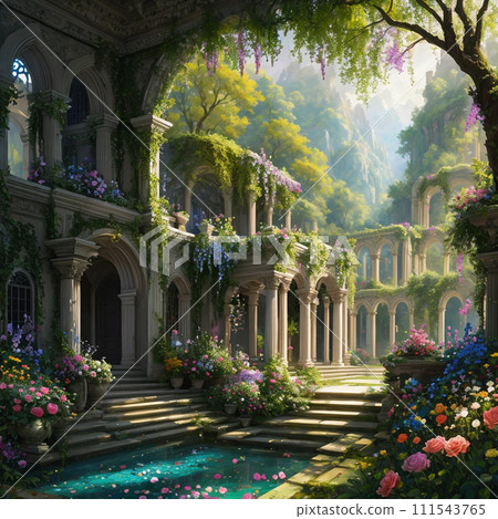 Flowers, trees, and rococo buildings 111543765