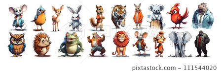AI-generated content. Whimsical Assembly of Animated Animals: A Colorful Vector Illustration of Diverse Creatures Exhibiting Unique Styles 111544020
