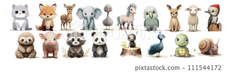 AI-generated content. Whimsical Collection of Illustrated Baby Animals Including a Kitten, Fox Cub, Fawn, Elephant Calf, Ostrich Chick, Pony, Owl, Kangaroo Joey, Sheep, Woodpecker, Sloth 111544172