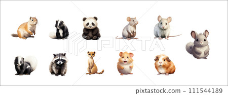 AI-generated content. Collection of Adorable Illustrated Small Animals Isolated on White Background: Vector 111544189