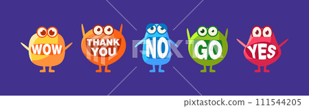 Monster with Words In Mouth Funny Character on Blue Background Vector Set Monster with Words In Mouth Funny Character on Blue Background Vector Set 111544205