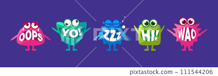 Monster with Words In Mouth Funny Character on Blue Background Vector Set Monster with Words In Mouth Funny Character on Blue Background Vector Set 111544206