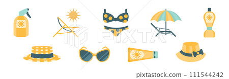 Sun Ultraviolet Protection at Summer Beach Icon Vector Set Sun Ultraviolet Protection at Summer Beach Icon Vector Set 111544242