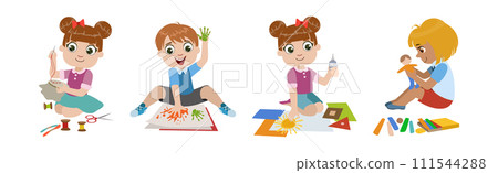 Happy Kids Enjoy Craft and Handmade Activity Vector Set 111544288