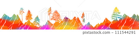 Colored mountain background and trees in the sky. Hand drawing. Not AI. Vector illustration 111544291