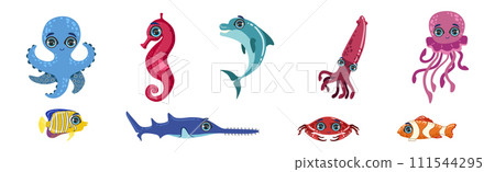 Sea Animals and Marine Creature with Large Eyes Vector Set Sea Animals and Marine Creature with Large Eyes Vector Set 111544295