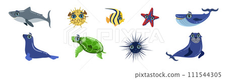 Sea Animals and Marine Creature with Large Eyes Vector Set Sea Animals and Marine Creature with Large Eyes Vector Set 111544305