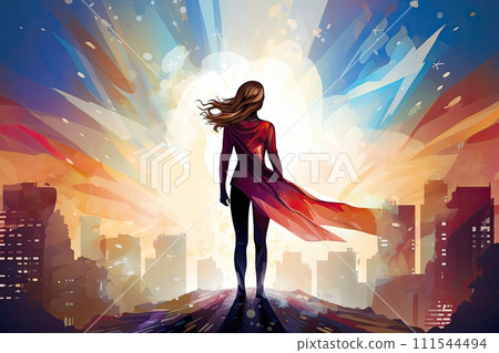 AI-generated content. hero woman with cape stand on a cliff illustration 111544494