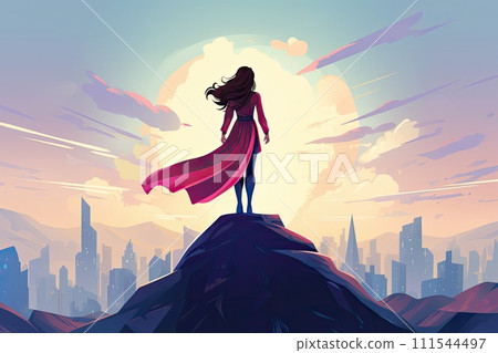 AI-generated content. hero woman with cape stand on a cliff illustration 111544497