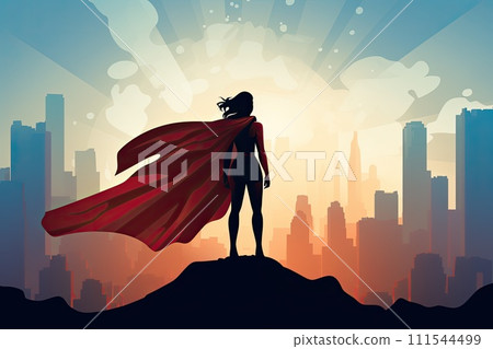 AI-generated content. hero woman with cape stand on a cliff illustration AI-generated content. hero woman with cape stand on a cliff illustration 111544499