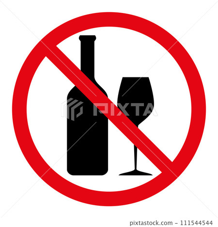 No alcohol symbol, prohibitory sign, red crossed out circle symbol with bottle and glass silhouette 111544544