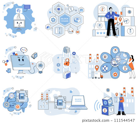 Smart industry vector illustration. The database, treasure trove information, fuels engines automated smart production Computing, wizard cyberspace, conjures magic smart industry innovation 111544547
