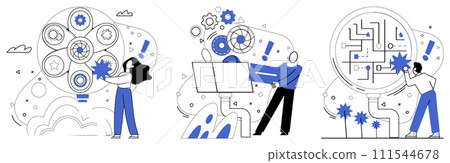 Business innovation vector illustration. Uniqueness is fragrance wafting through air in garden business creativity Intelligence is alchemist turning base metal ideas into gold business success 111544678